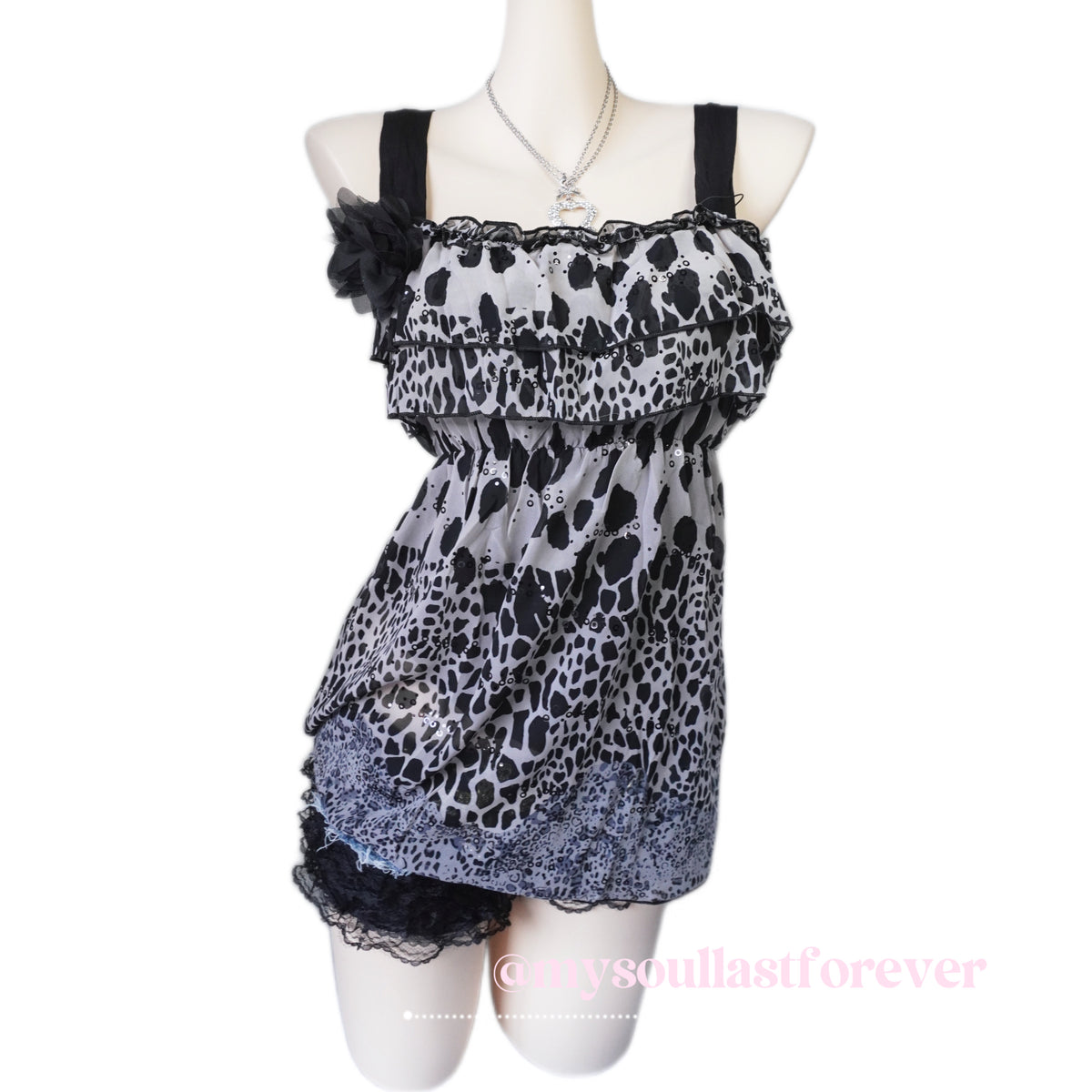 Vintage gyaru aesthetic mcbling leopard print ruffled lace trim babydoll cami top - Mysoullastforever