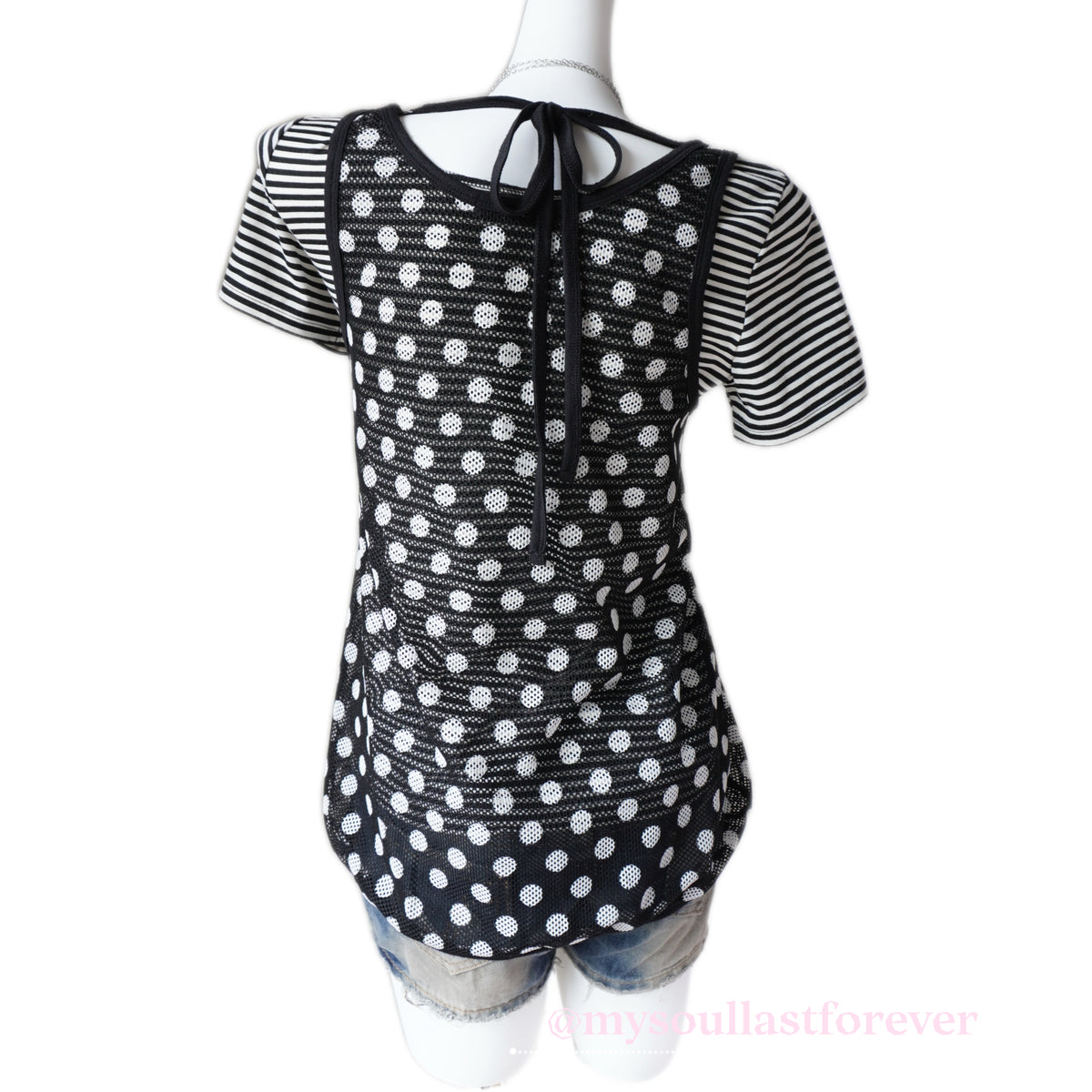 Vintage Algonquins punk aesthetic two piece polka dot mesh top with lace trim and skull patch - Mysoullastforever