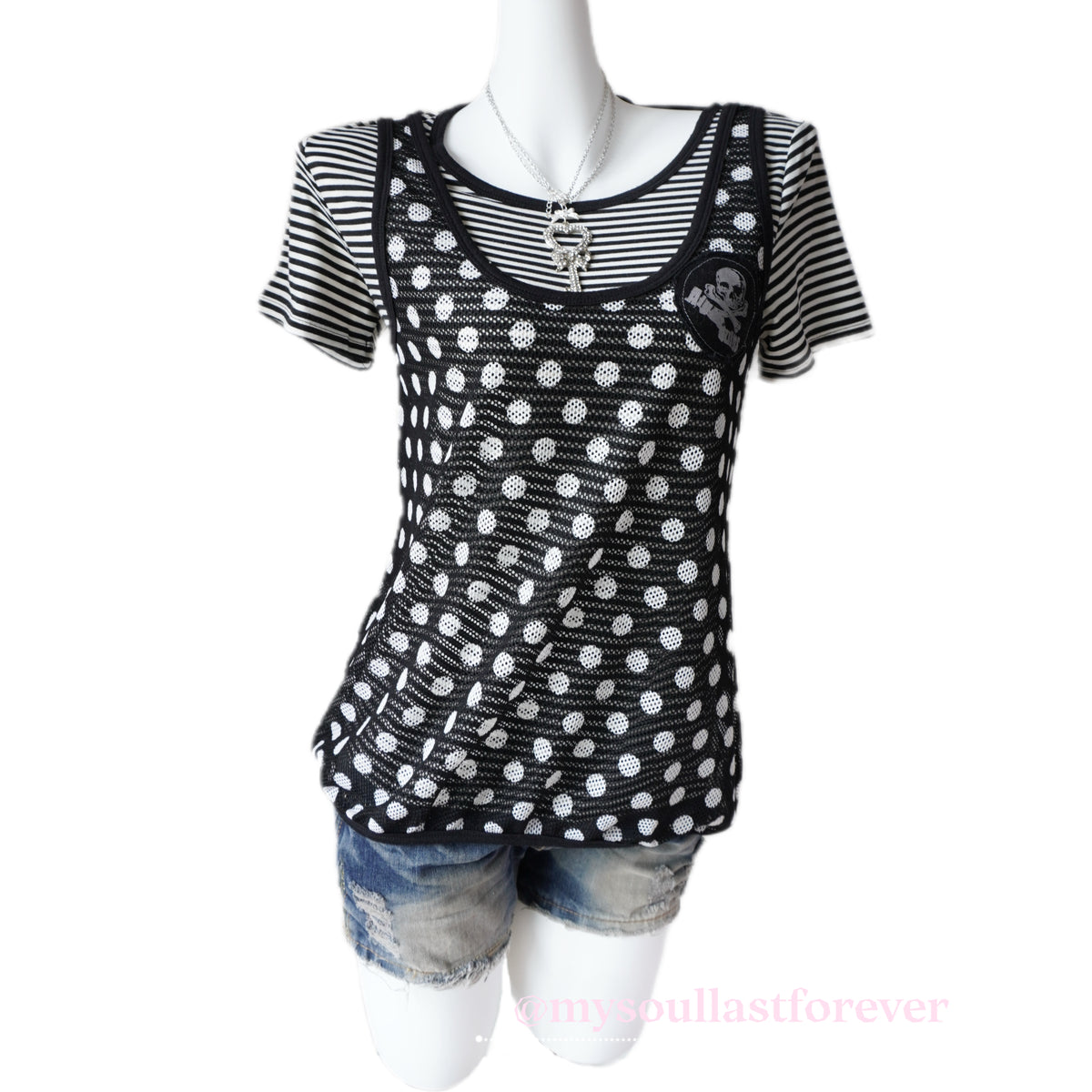 Vintage Algonquins punk aesthetic two piece polka dot mesh top with lace trim and skull patch - Mysoullastforever