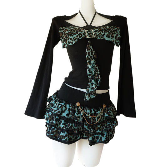 Born this way Independent designer brand mint chocolate gyaru aesthetic leopard print top and mini skirt with bow tie - Mysoullastforever