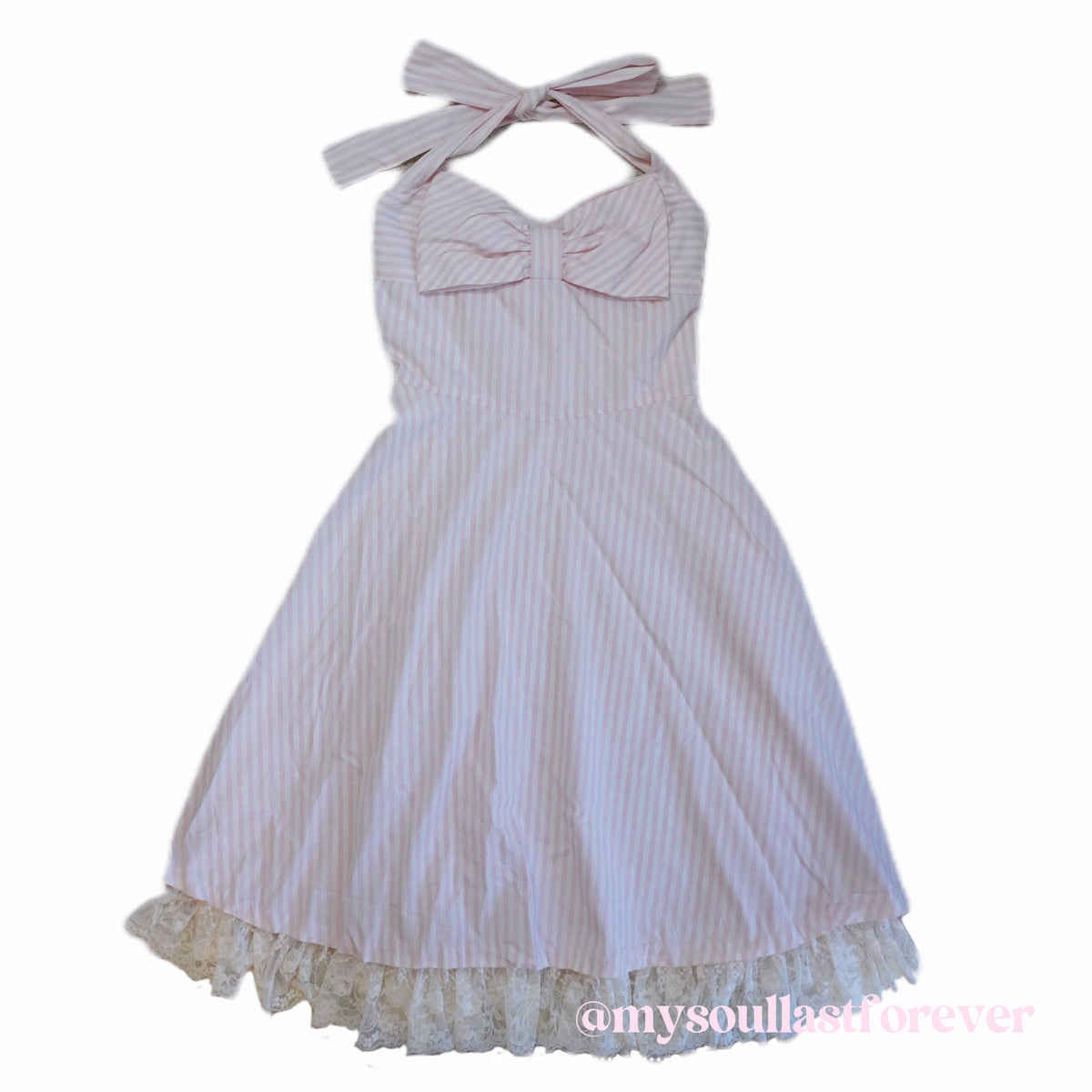Vintage Jesus Diamante himekaji striped halter dress with lace trim and bow detail - Mysoullastforever