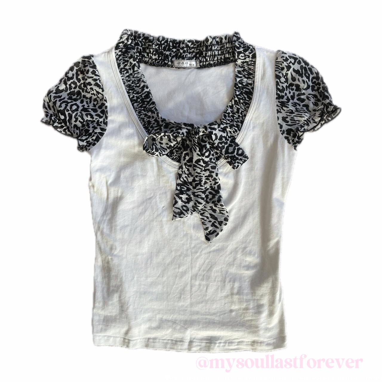 R•M•K gyaru aesthetic puff sleeve with leopard print bow details top - Mysoullastforever