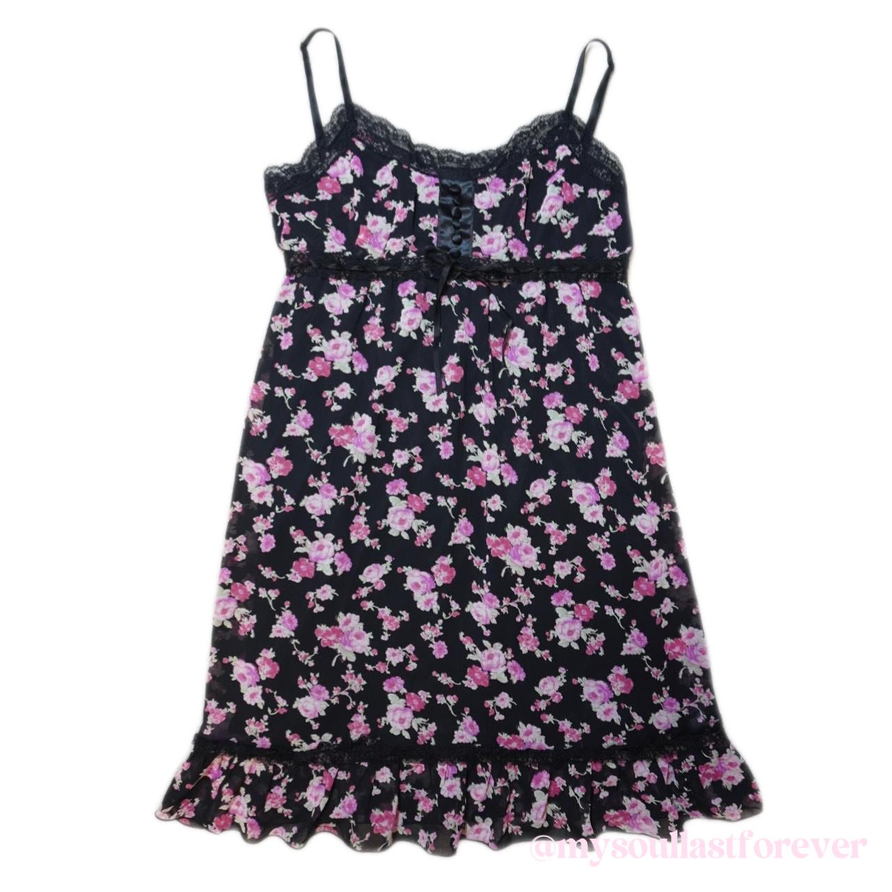 Vintage gyaru aesthetic floral rose print cami dress with lace detailing - Mysoullastforever