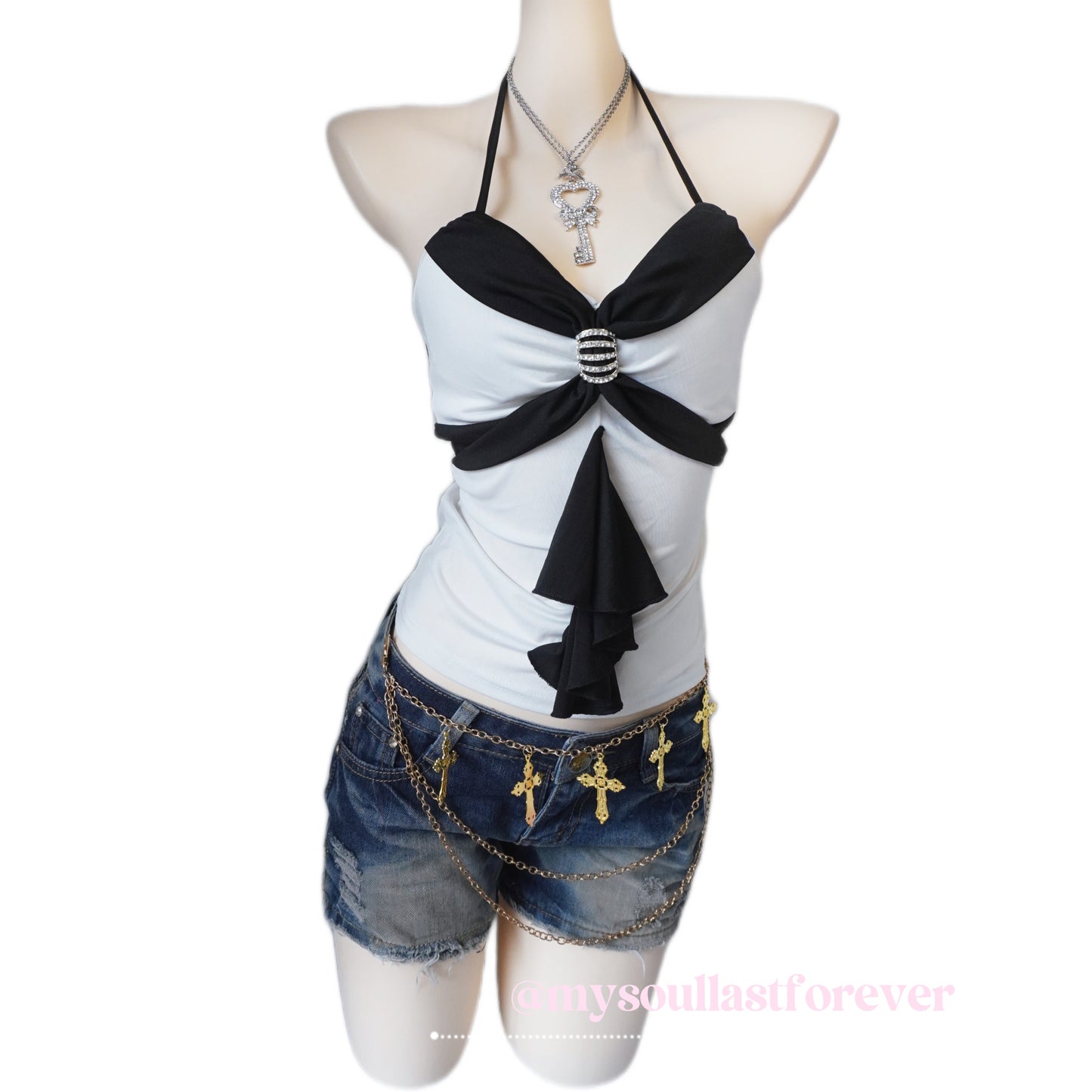 Vintage gyaru aesthetic rhinestone button ruffle trim halter top - Mysoullastforever
