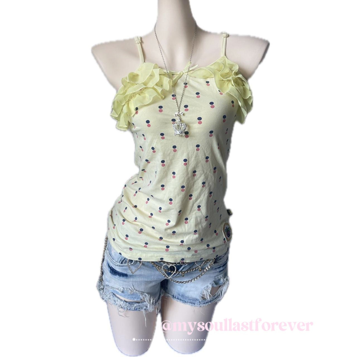 Vintage Cocicoki jojifuku ruffled polka dot cami to with badge detail - Mysoullastforever