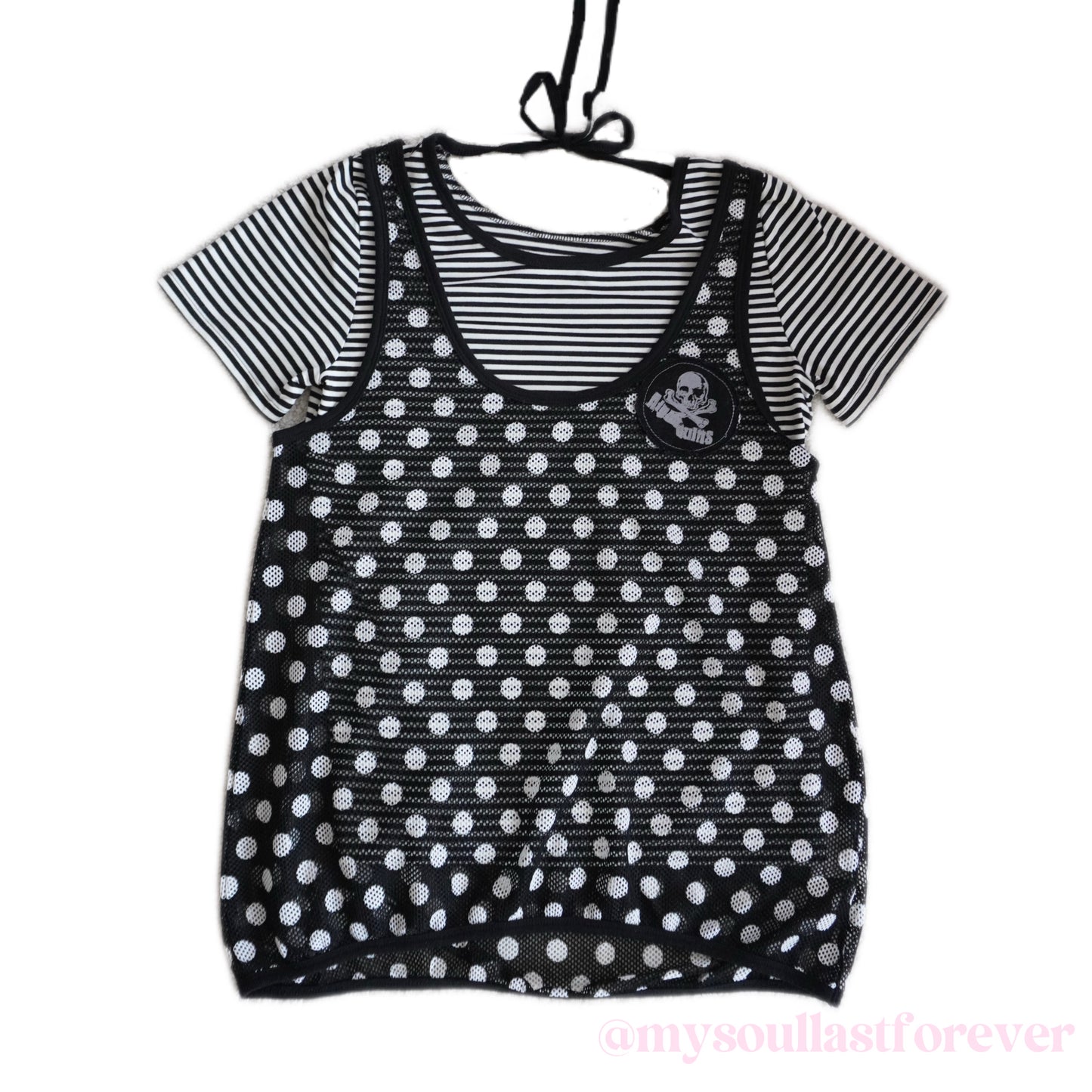 Vintage Algonquins grunge aesthetic two piece polka dot mesh top with lace trim and skull patch - Mysoullastforever