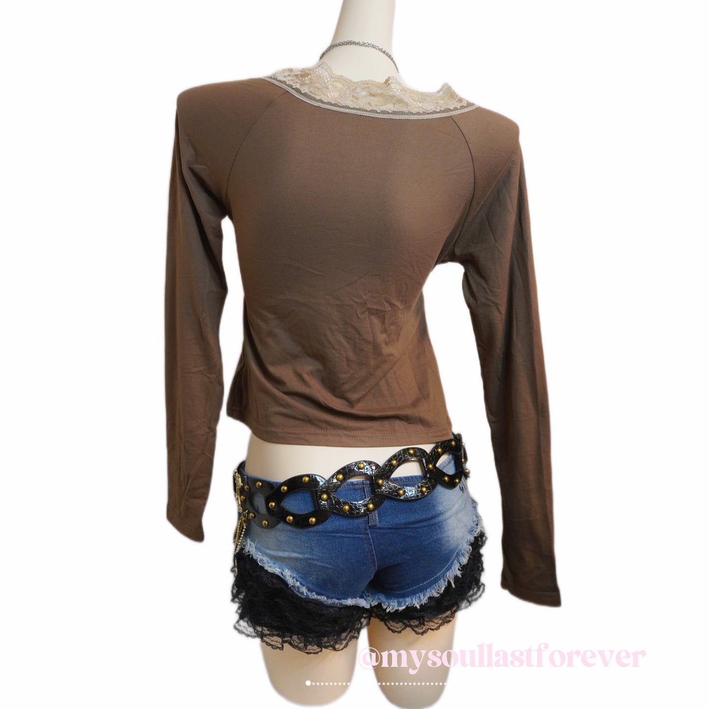 Vintage grunge aesthetic long sleeve top with lace and tie detailing - Mysoullastforever