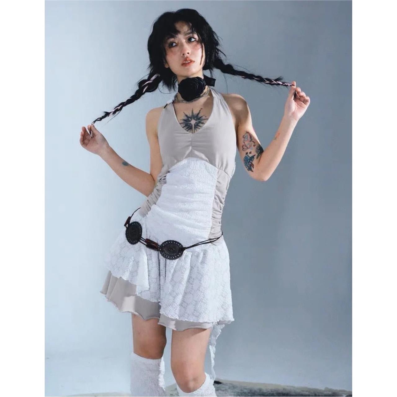 Independent designer brand Double Punch archive aesthetic lace ruffed ruched halter dress - Mysoullastforever