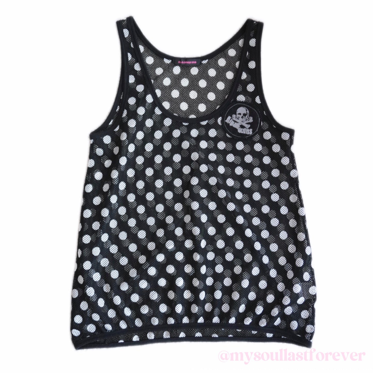 Vintage Algonquins grunge aesthetic two piece polka dot mesh top with lace trim and skull patch - Mysoullastforever
