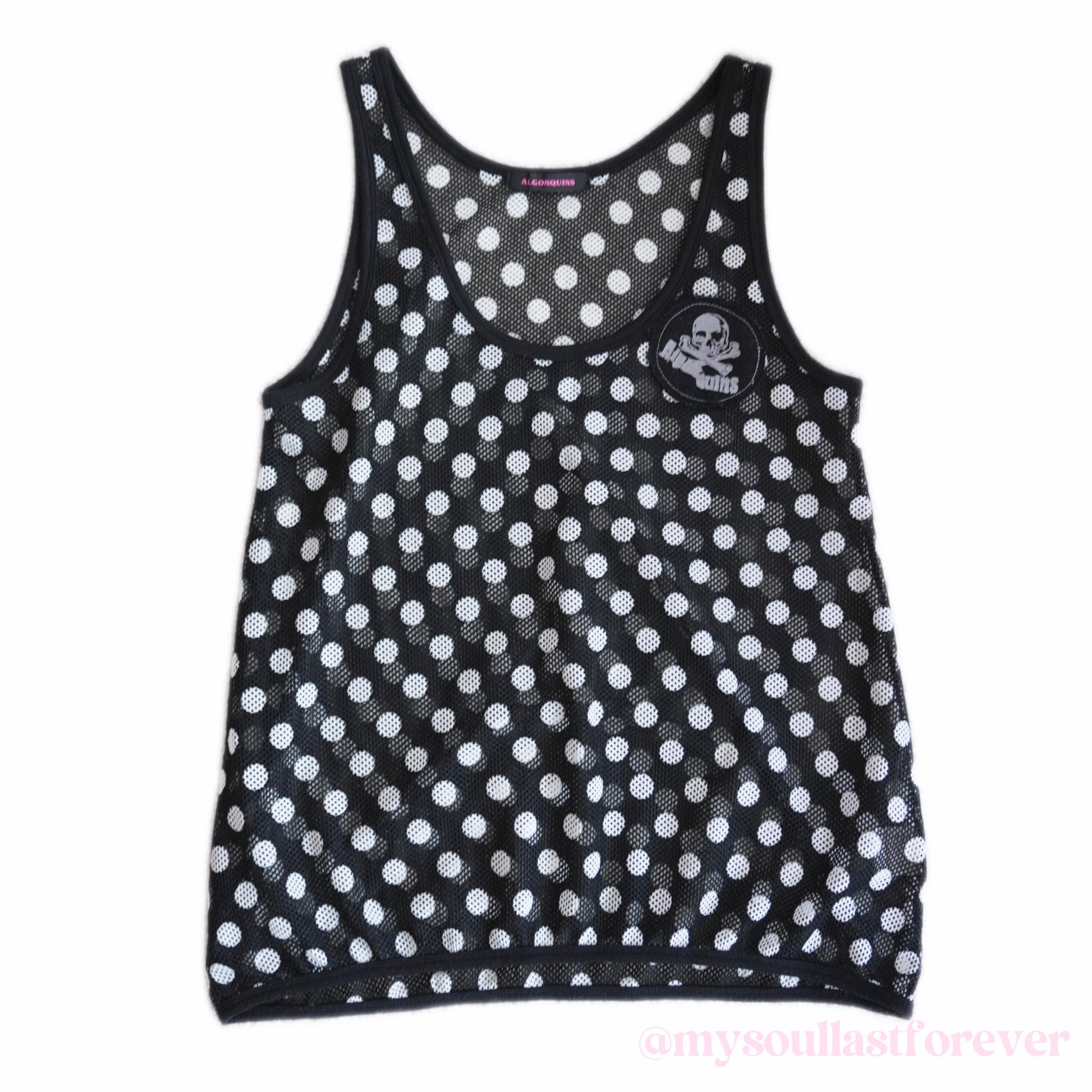 Vintage Algonquins grunge aesthetic two piece polka dot mesh top with lace trim and skull patch - Mysoullastforever