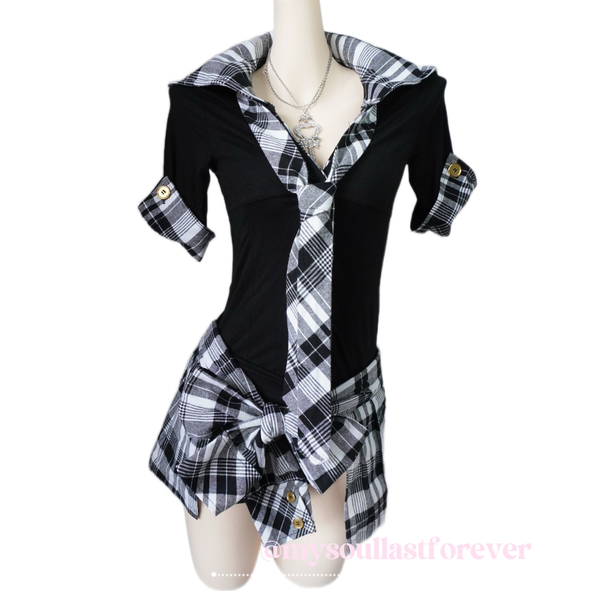 Vintage gyaru aesthetic office siren vibe plaid top and mini skirt with bow tie set - Mysoullastforever