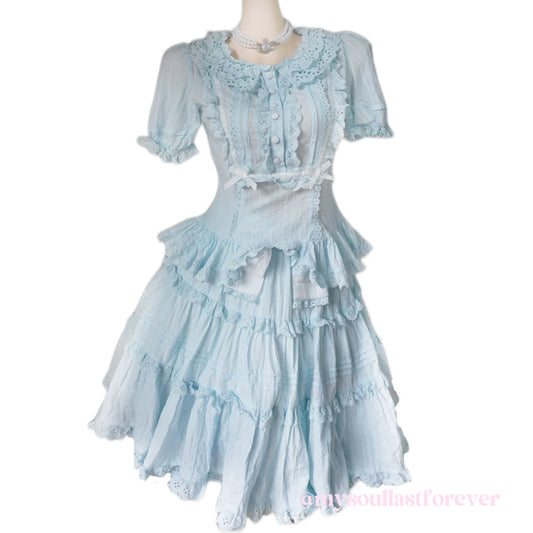 Independent designer brand Lost Romance baby blue Victorian style ruffle lace ribbon details lolita blouse and skirt set - Mysoullastforever