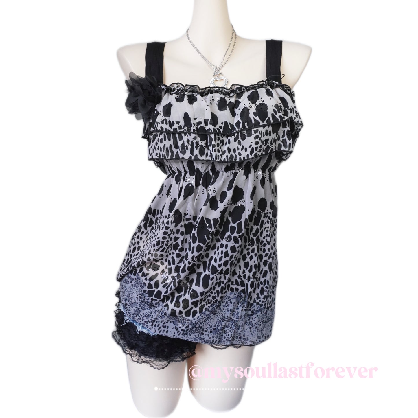 Vintage gyaru aesthetic mcbling leopard print ruffled lace trim babydoll cami top - Mysoullastforever