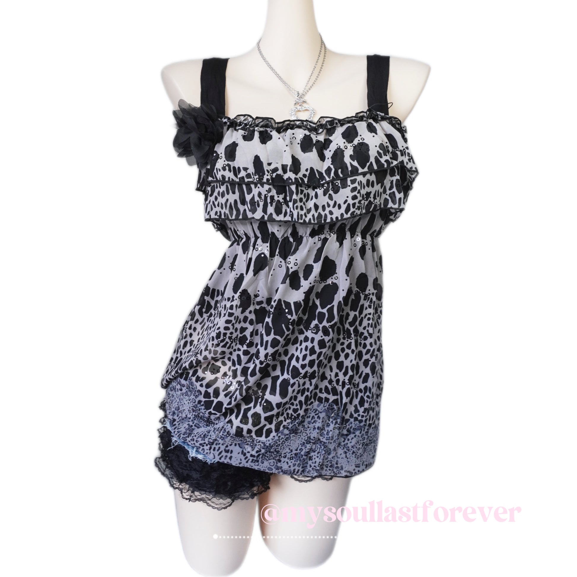 Vintage gyaru aesthetic mcbling leopard print ruffled lace trim babydoll cami top - Mysoullastforever
