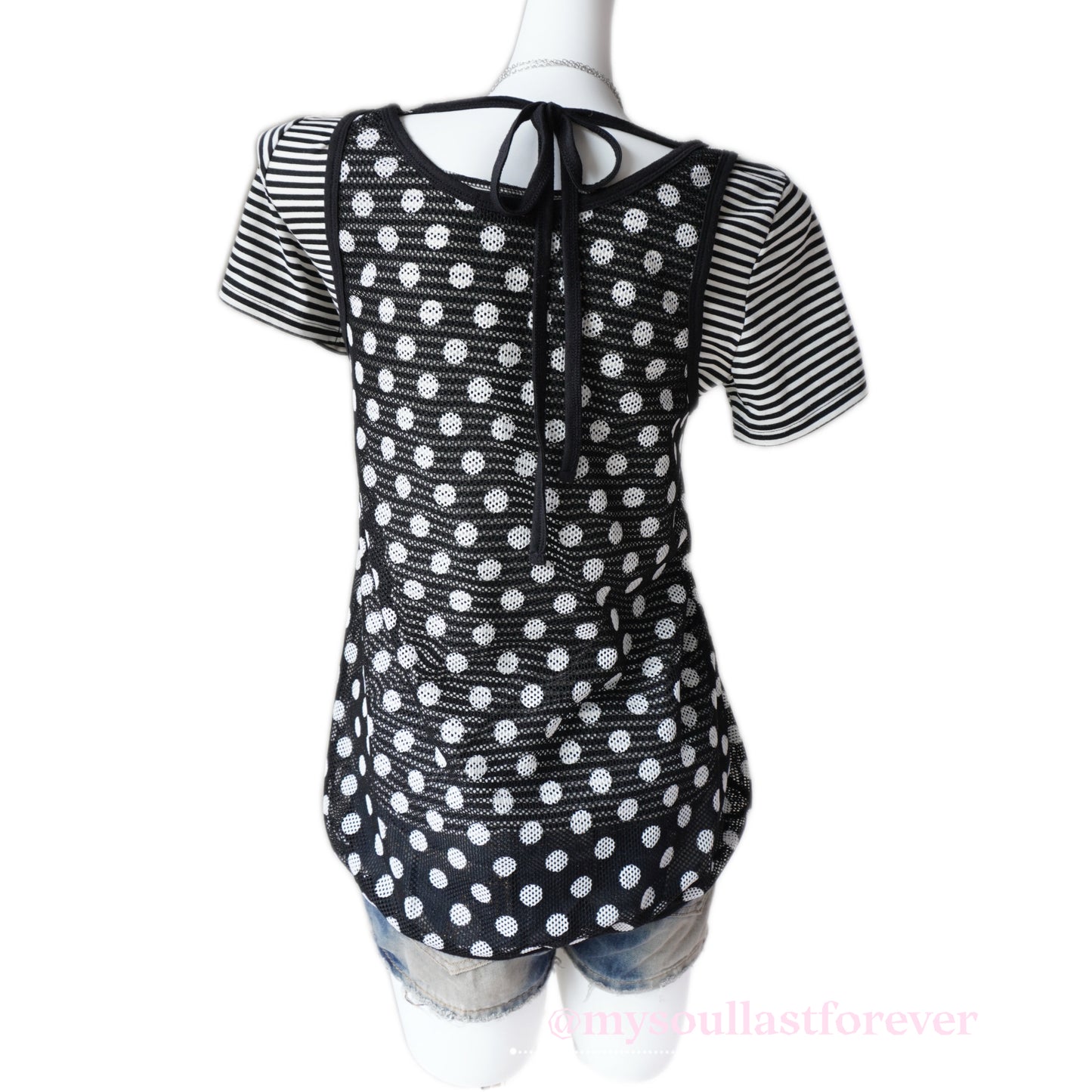 Vintage Algonquins punk aesthetic two piece polka dot mesh top with lace trim and skull patch - Mysoullastforever