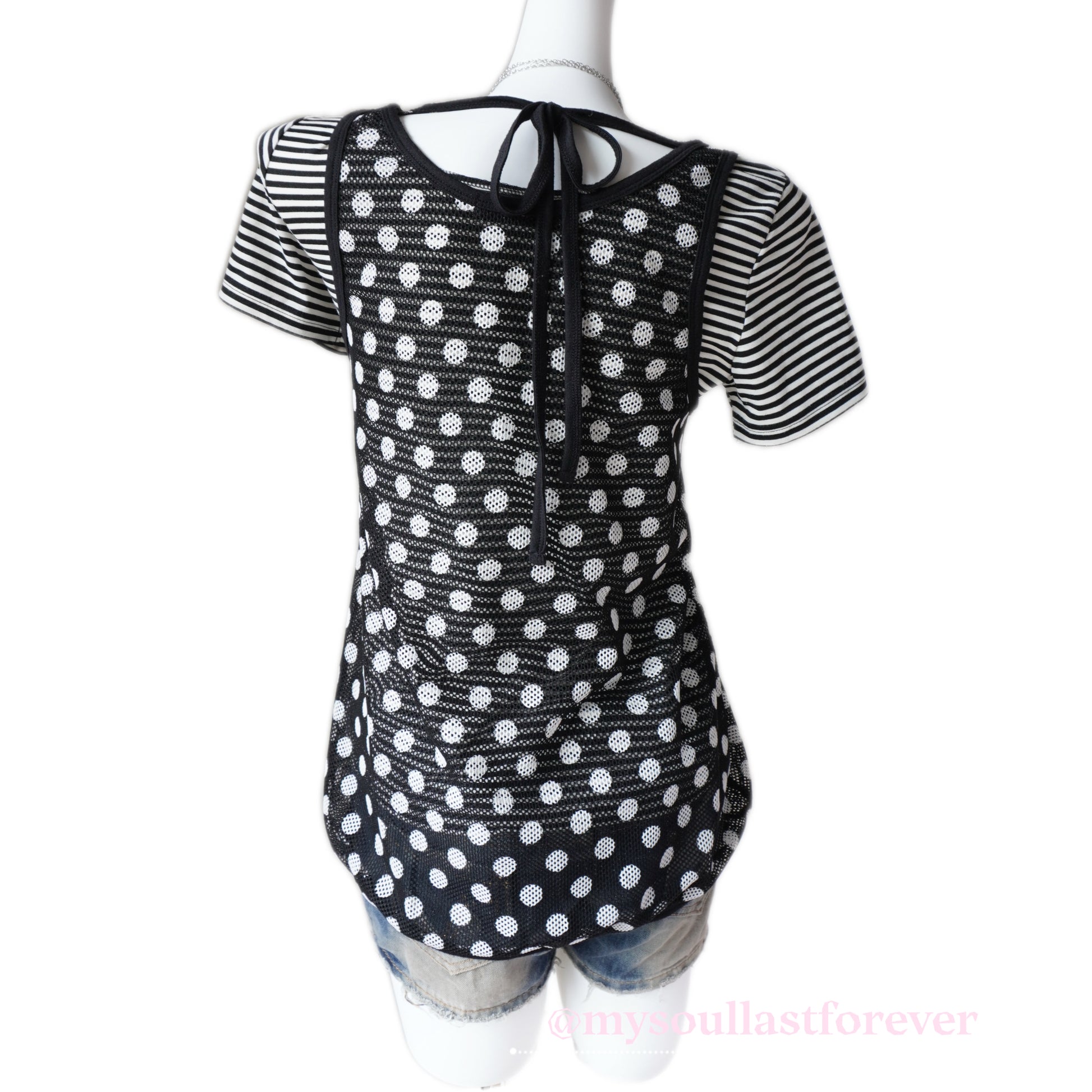Vintage Algonquins punk aesthetic two piece polka dot mesh top with lace trim and skull patch - Mysoullastforever