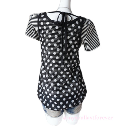 Vintage Algonquins punk aesthetic two piece polka dot mesh top with lace trim and skull patch - Mysoullastforever