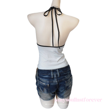 Vintage gyaru aesthetic rhinestone button ruffle trim halter top - Mysoullastforever