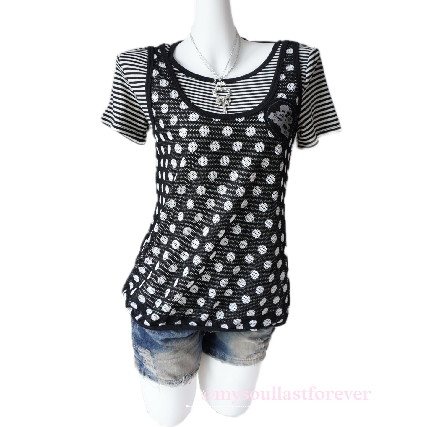 Vintage Algonquins punk aesthetic two piece polka dot mesh top with lace trim and skull patch - Mysoullastforever