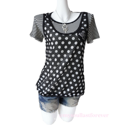 Vintage Algonquins punk aesthetic two piece polka dot mesh top with lace trim and skull patch - Mysoullastforever
