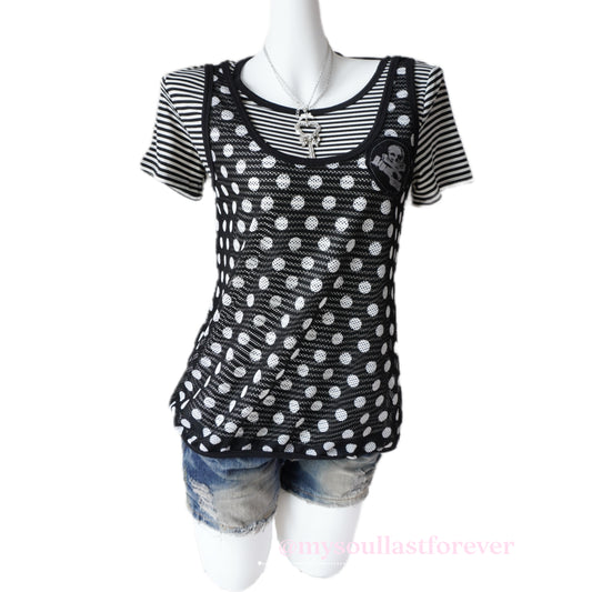 Vintage Algonquins punk aesthetic two piece polka dot mesh top with lace trim and skull patch - Mysoullastforever