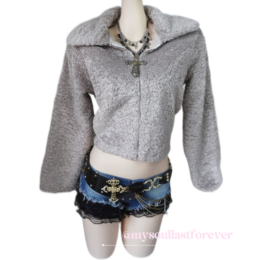 Independent designer brand Eatmeplz grunge faux fur cropped jacket - Mysoullastforever