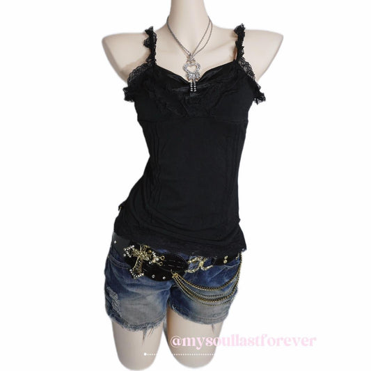 Vintage Cornflake gyaru aesthetic adjustable strap camisole with lace detailing - Mysoullastforever
