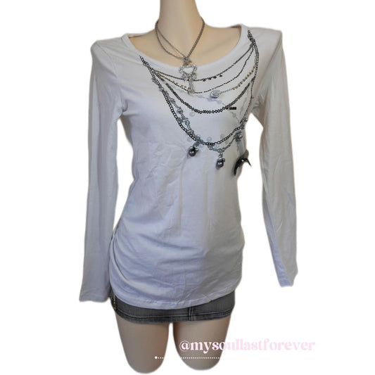 Vintage 2000s aesthetic chain pattern rose bead decorated long sleeve top with side drawstring - Mysoullastforever