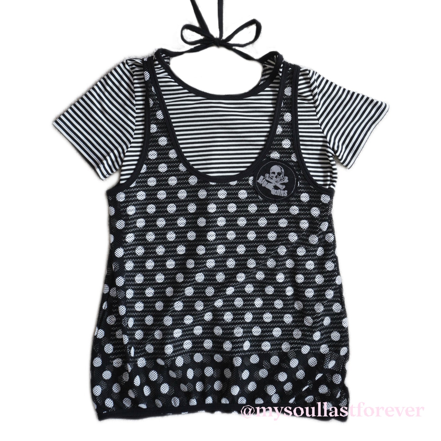 Vintage Algonquins punk aesthetic two piece polka dot mesh top with lace trim and skull patch - Mysoullastforever