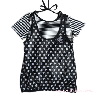 Vintage Algonquins punk aesthetic two piece polka dot mesh top with lace trim and skull patch - Mysoullastforever