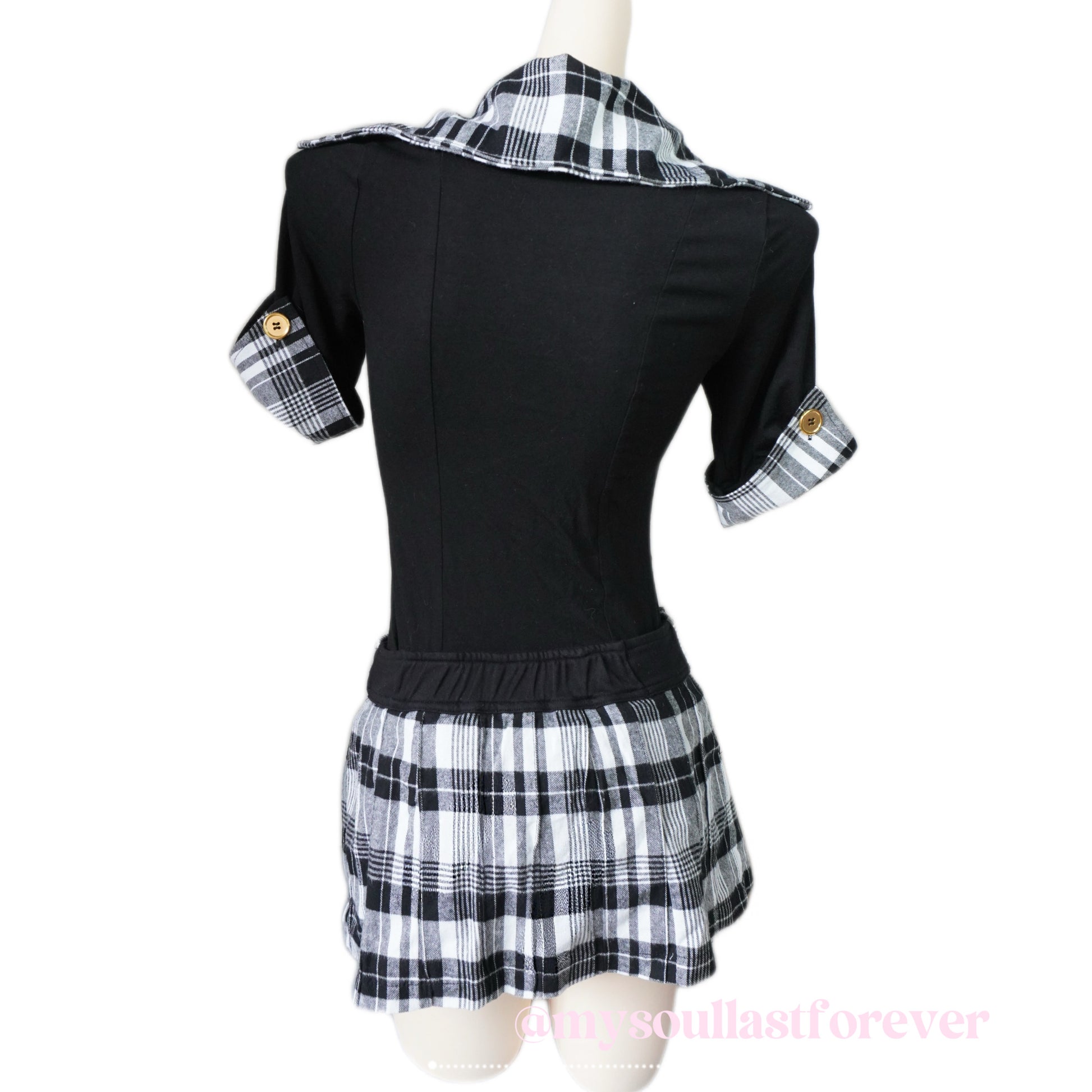 Vintage gyaru aesthetic office siren vibe plaid top and mini skirt with bow tie set - Mysoullastforever