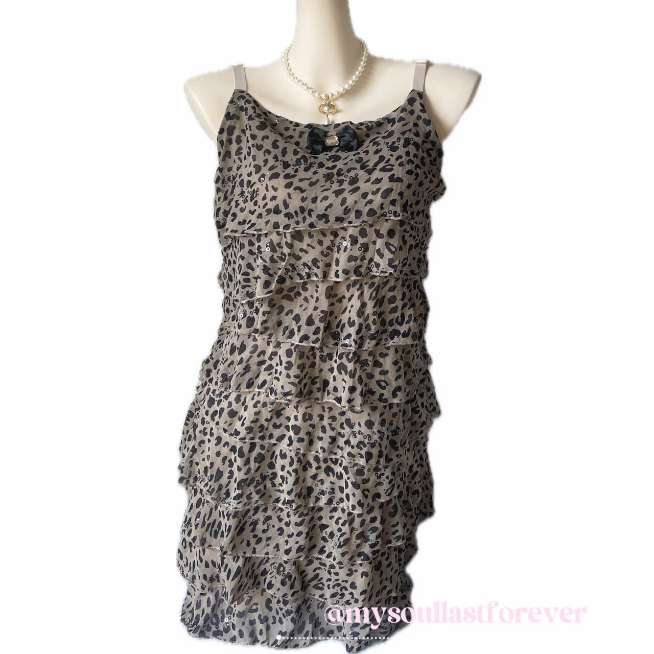 Vintage gyaru aesthetic mcbling leopard print ruffled layers babydoll dress with bow detail - Mysoullastforever