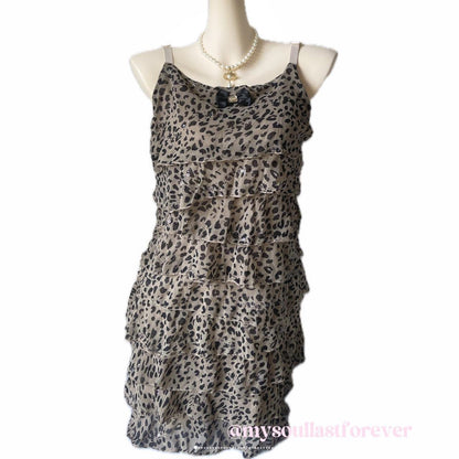 Vintage gyaru aesthetic mcbling leopard print ruffled layers babydoll dress with bow detail - Mysoullastforever