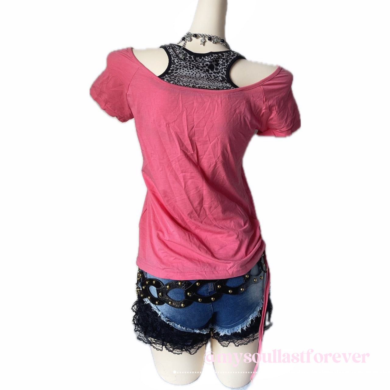 Vintage agejo gyaru leopard print off the shoulder top with side drawstring - Mysoullastforever