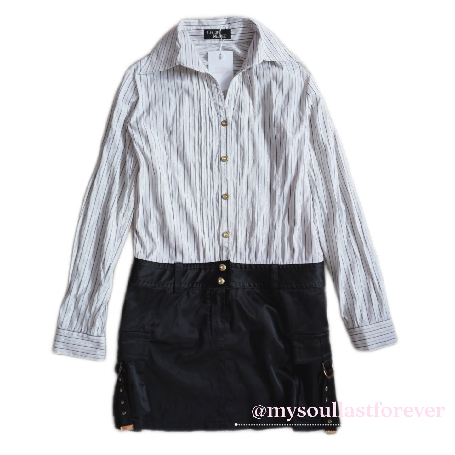 Vintage Cecil Mcbee grayu aesthetic mcbling striped long sleeve button up dress - Mysoullastforever