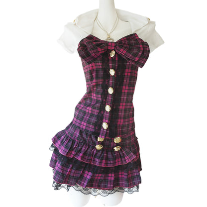 Vintage gyaru aesthetic lace back plaid top and mini skirt with bow tie - Mysoullastforever