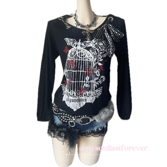 Vintage Algonquins 2000s aesthetic cage butterfly graphic long sleeves top with deco neck tie - Mysoullastforever