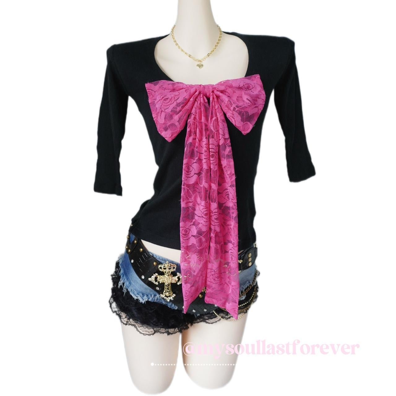 Handmade Gyaru agejo hot pink rose floral lace bow - Mysoullastforever