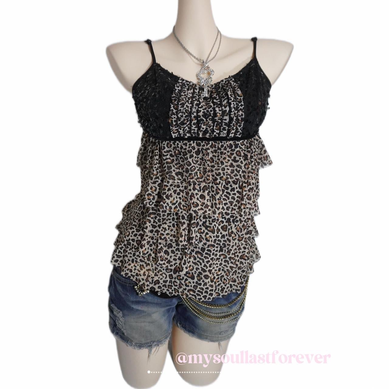 Vintage gyaru aesthetic leopard print tutu adjustable strap camisole - Mysoullastforever