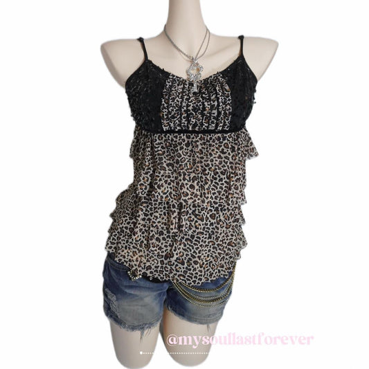 Vintage gyaru aesthetic leopard print tutu adjustable strap camisole - Mysoullastforever