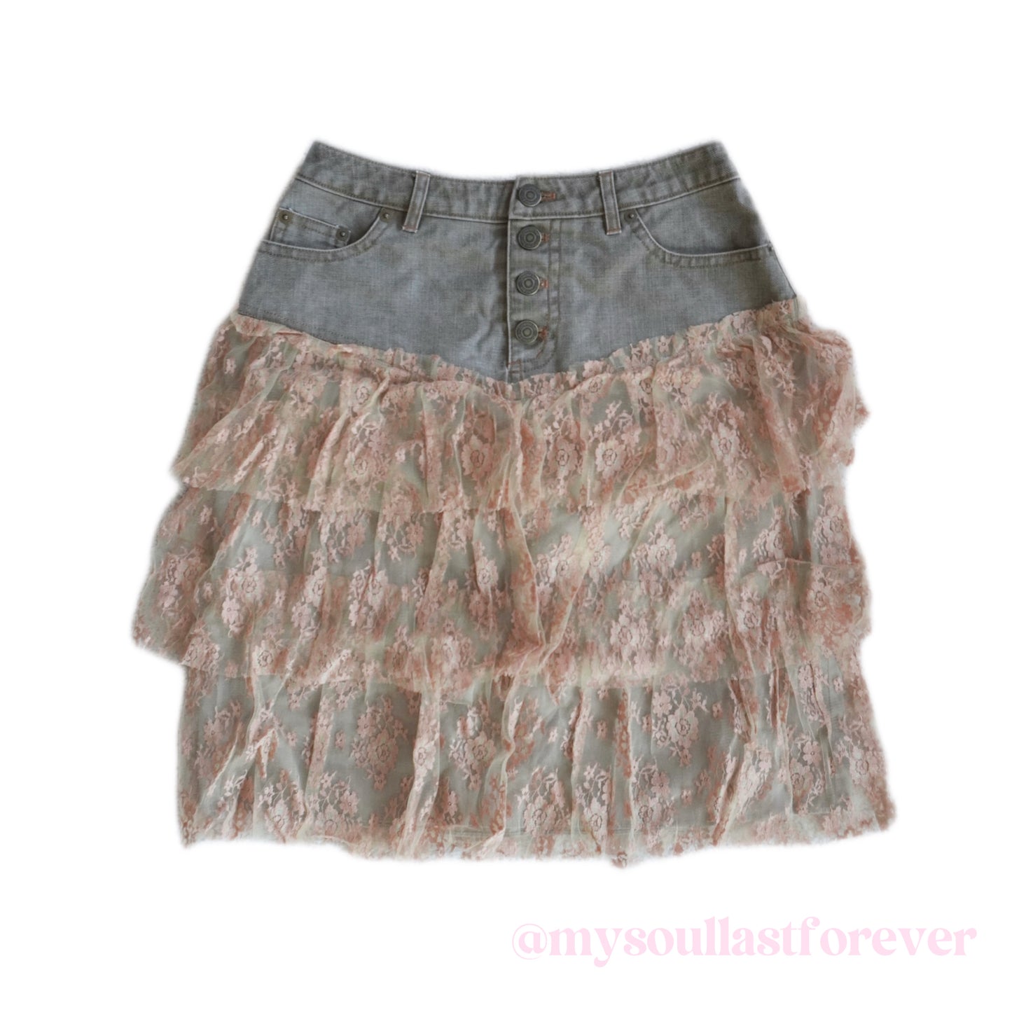 Vintage Brownie Bee shouju floral lace layered denim skirt - Mysoullastforever