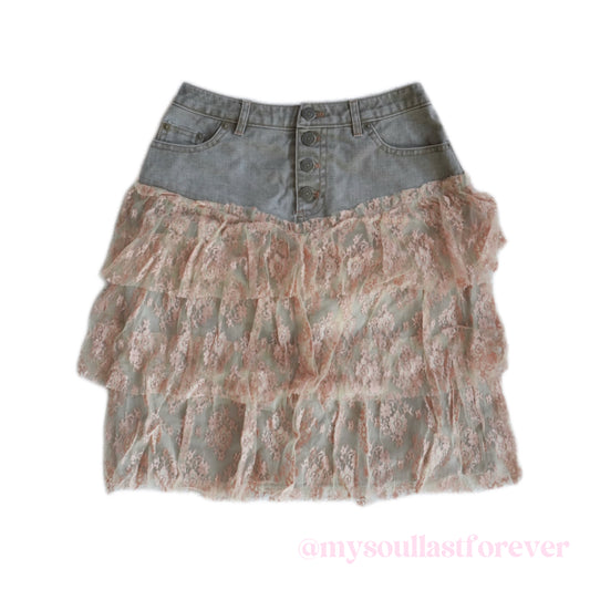 Vintage Brownie Bee shouju floral lace layered denim skirt - Mysoullastforever