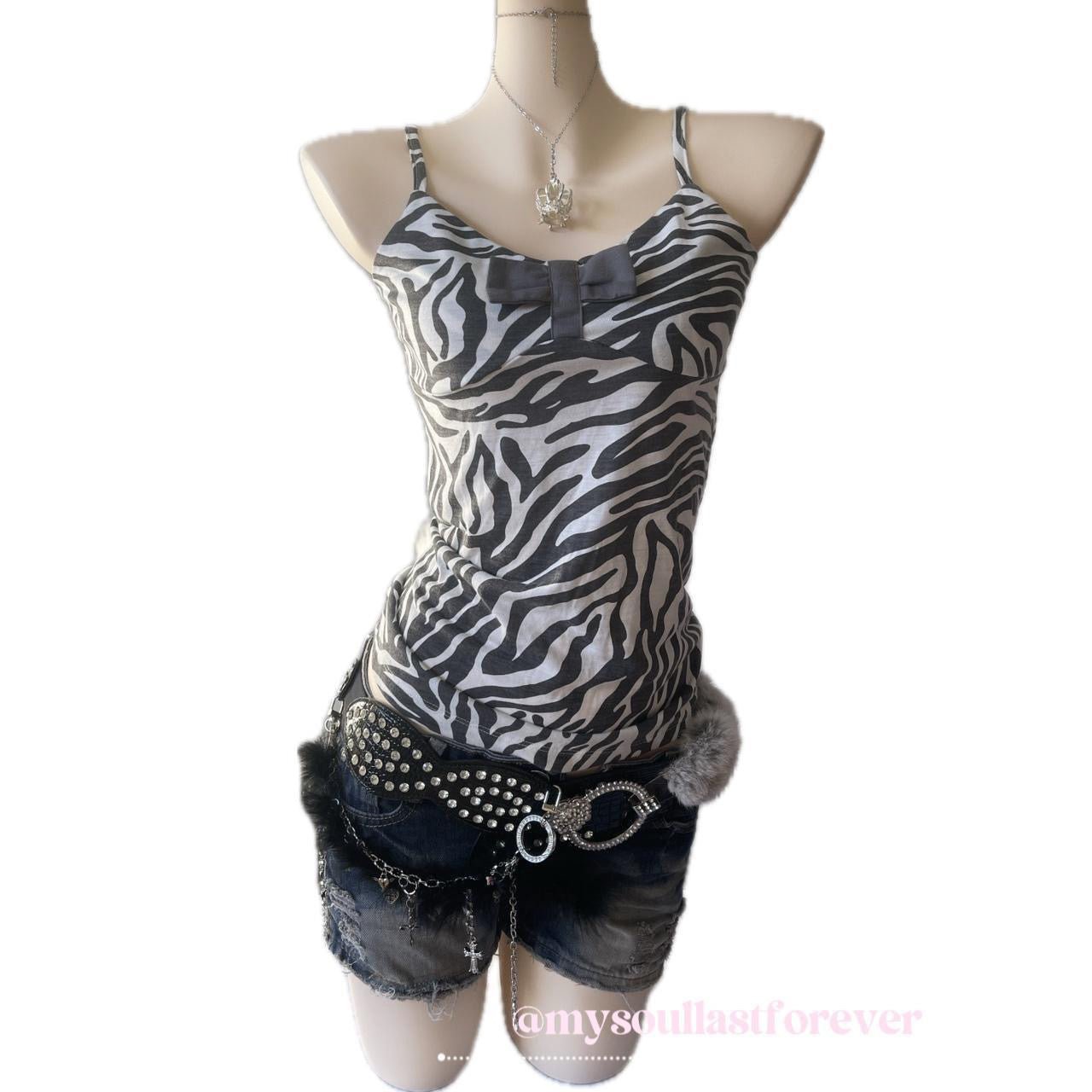Vintage Yiselle gyaru aesthetic zebra print cami top with bow detail - Mysoullastforever