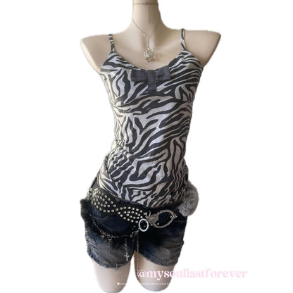Vintage Yiselle gyaru aesthetic zebra print cami top with bow detail - Mysoullastforever
