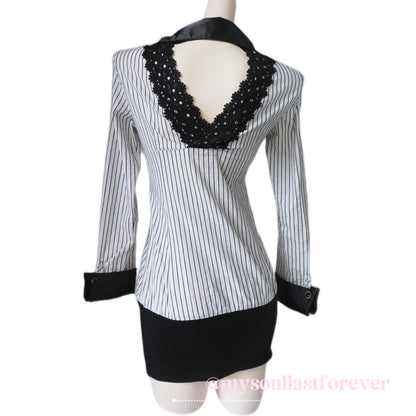 Vintage Skinny Lip office siren vibe striped lace detailing long sleeve button up dress - Mysoullastforever