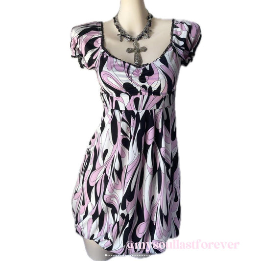 Vintage Cecil Mcbee himekaji geometry print puff sleeves babydoll dress - Mysoullastforever