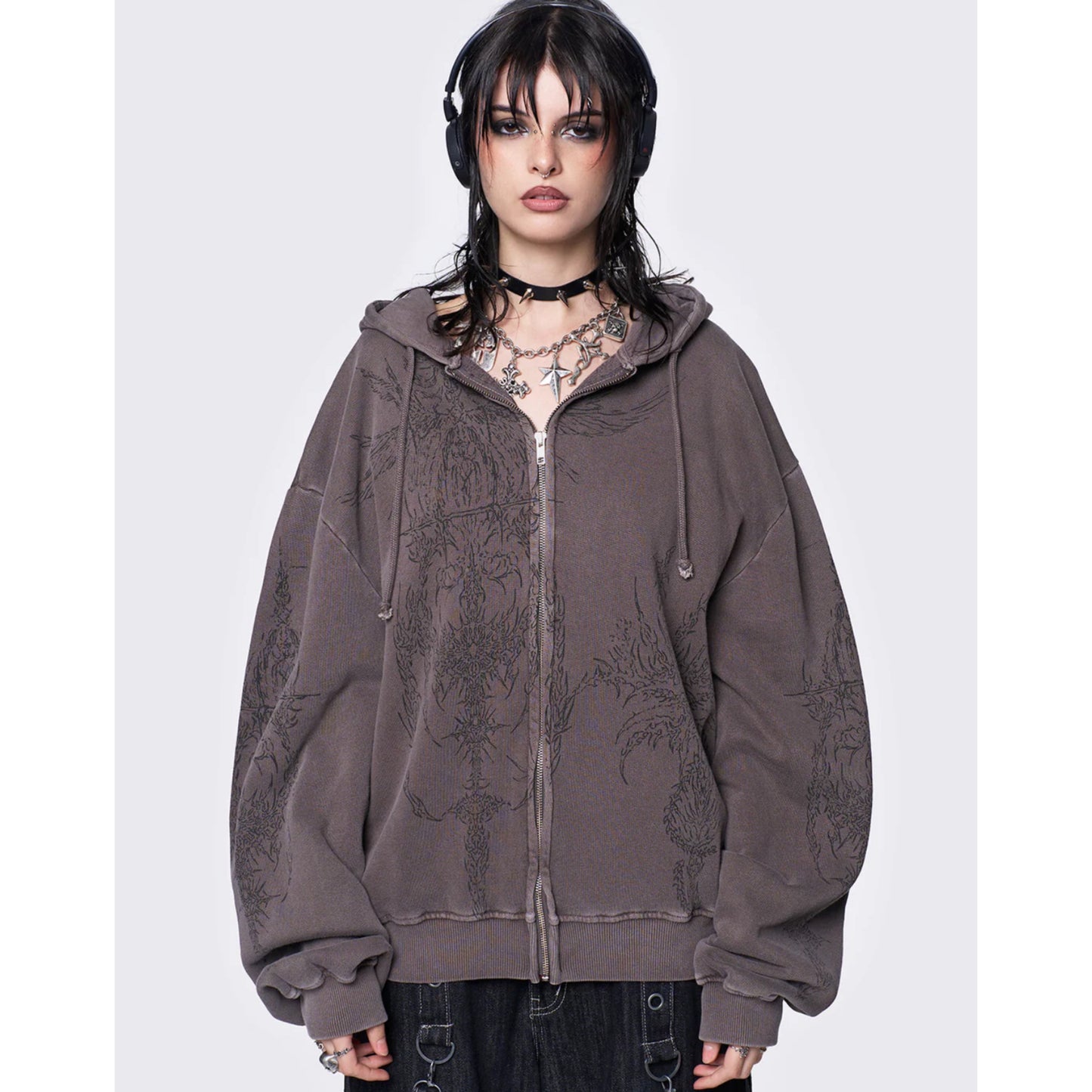Minga London grunge enigmatic brown washed zip up hoodie jacket - Mysoullastforever