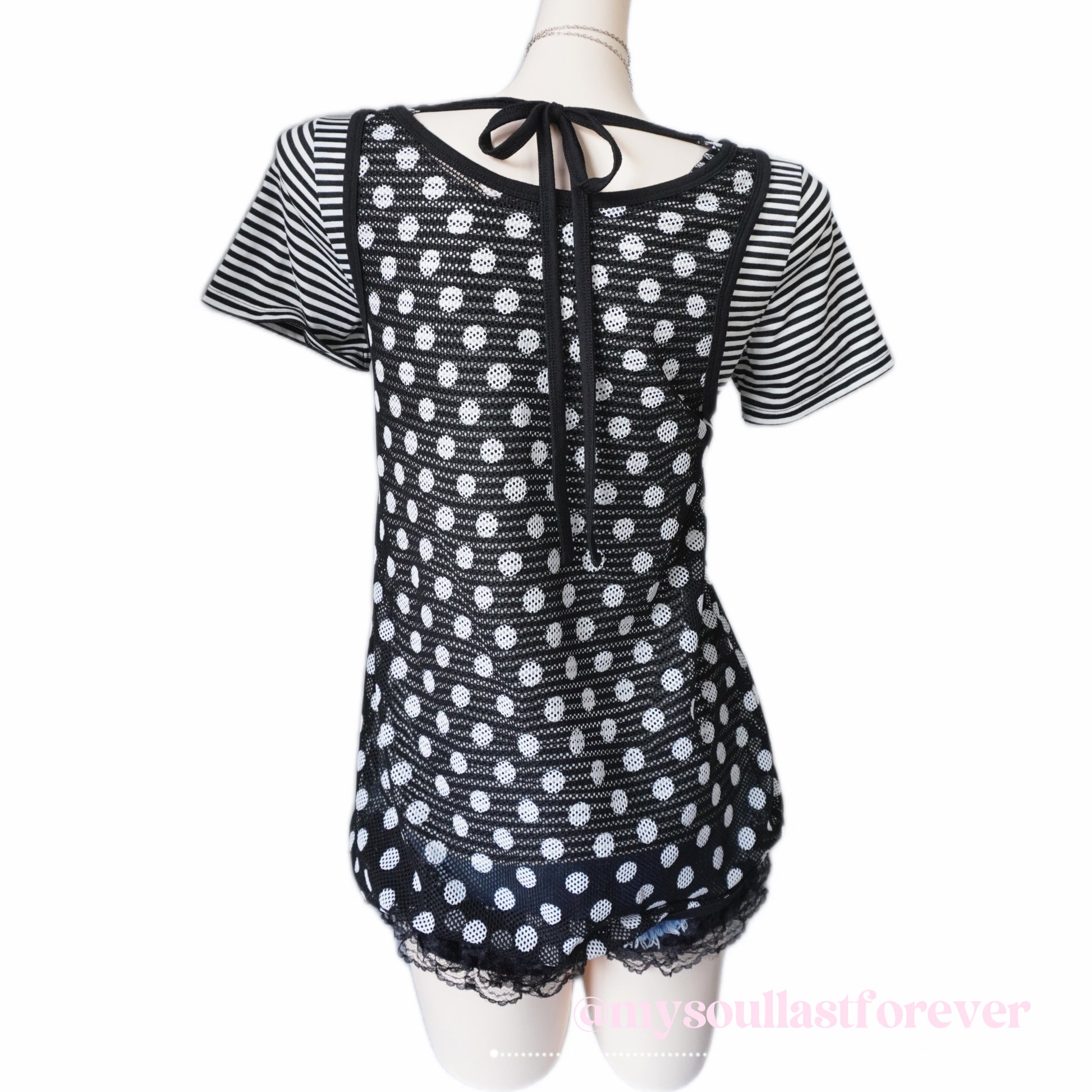 Vintage Algonquins grunge aesthetic two piece polka dot mesh top with lace trim and skull patch - Mysoullastforever
