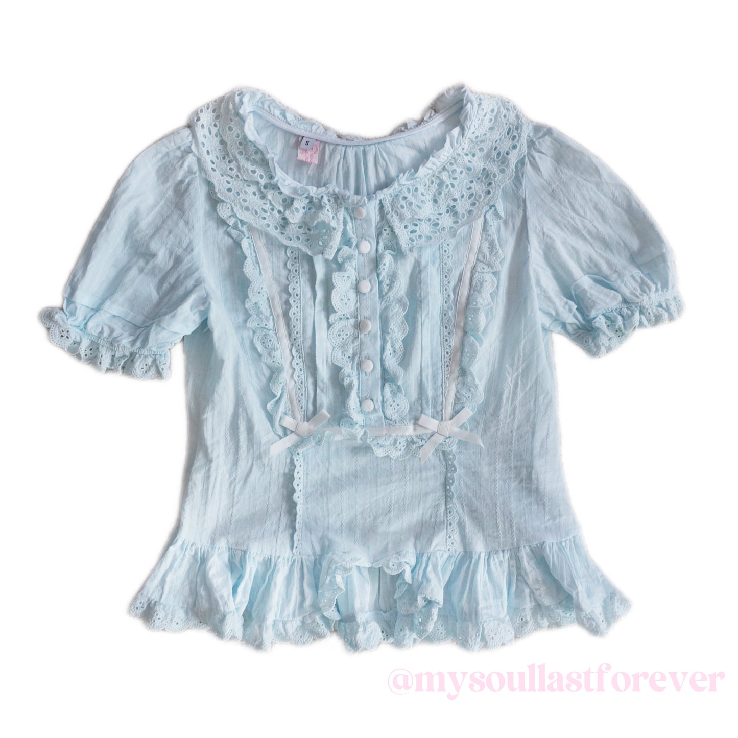 Independent designer brand Lost Romance baby blue Victorian style ruffle lace ribbon details lolita blouse and skirt set - Mysoullastforever