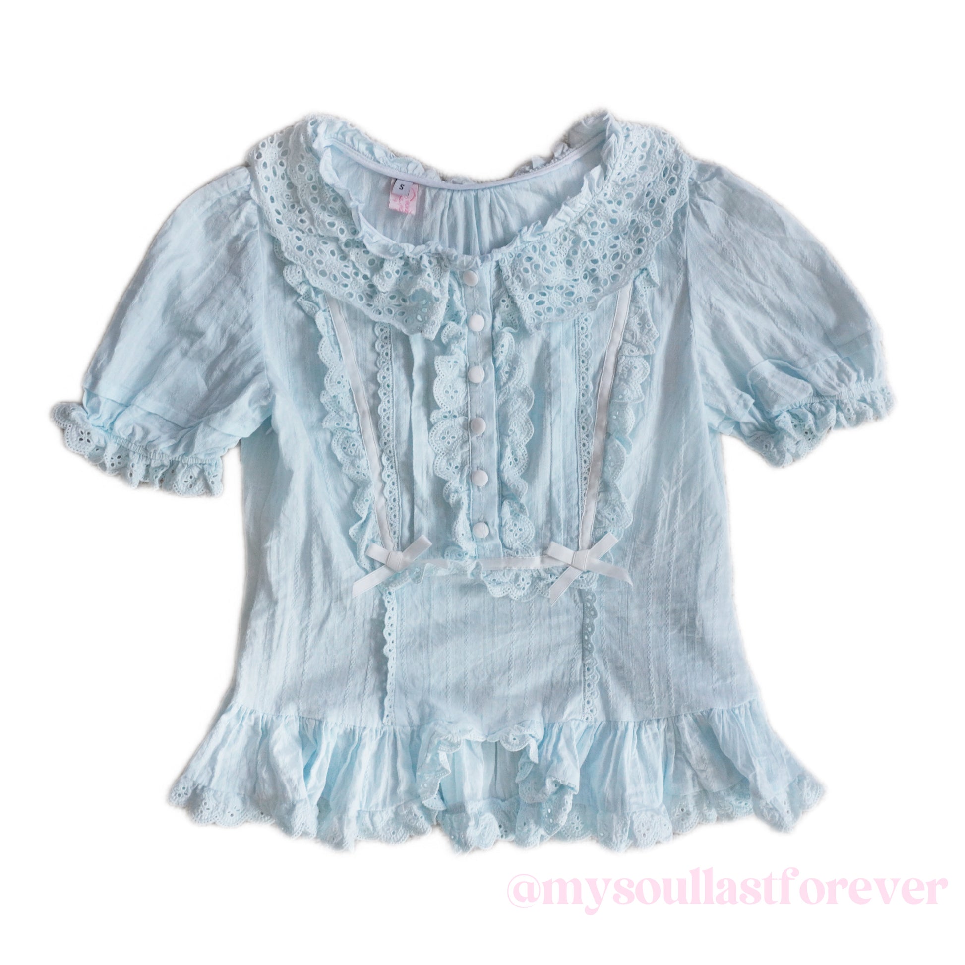 Independent designer brand Lost Romance baby blue Victorian style ruffle lace ribbon details lolita blouse and skirt set - Mysoullastforever